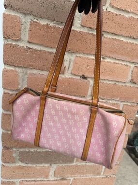 Dooney & bourke Pink Monogram Canvas Shoulder Bag with Tan Trim
